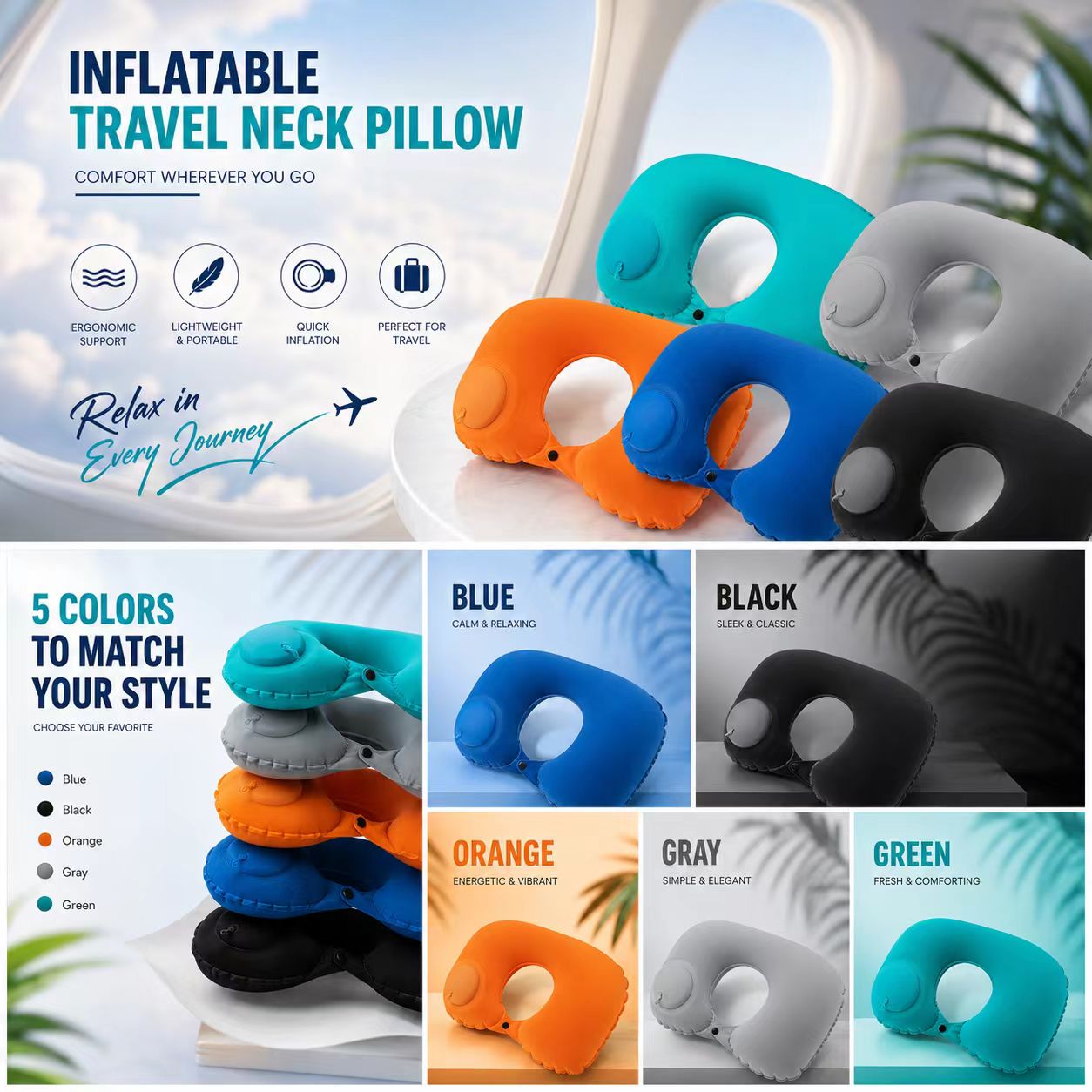 5 Farben Aufblasbares Kissen,  – Travel Pillow Inflatable Bewertung und Preis